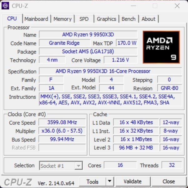 AMD Ryzen 9 9950X3D CPU-Z Screenshot (1)