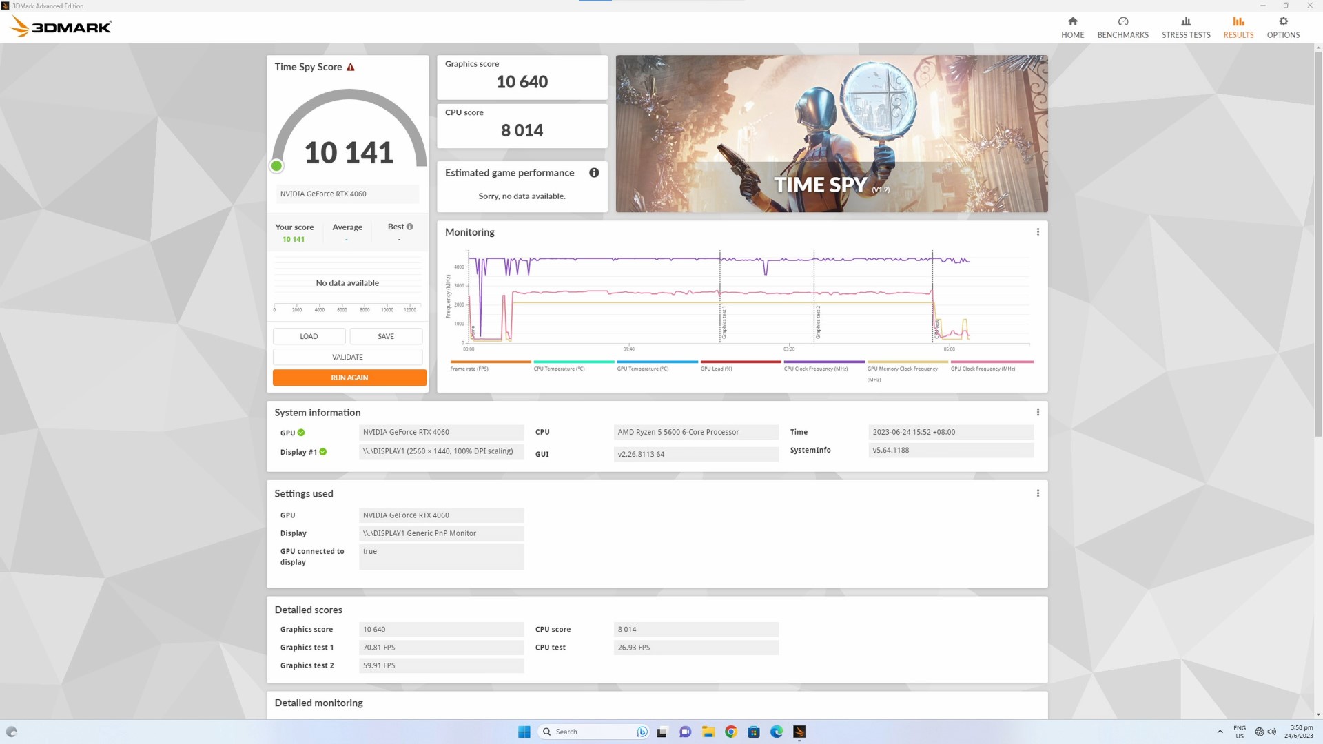 ASUS Dual GeForce RTX 4060 OC Edition 8GB GDDR6 3DMark Time Spy Results