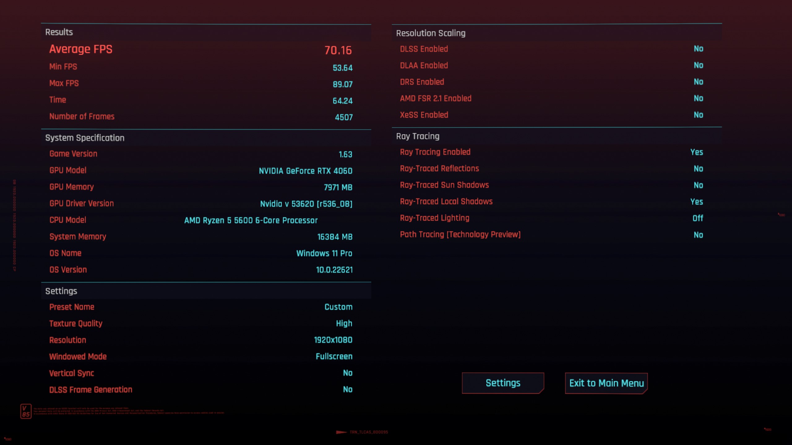 C2077 FHD RT Low Preset DLSS Off Run 1