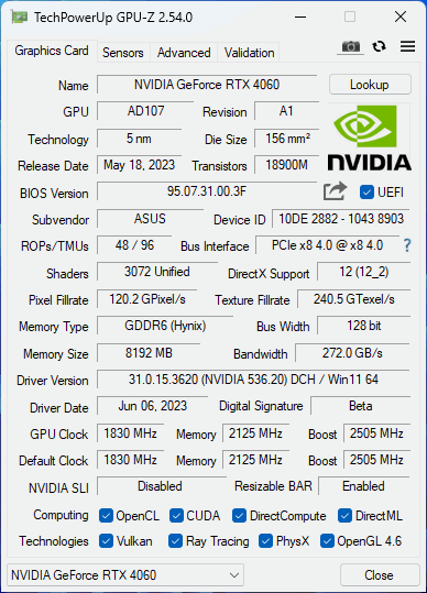 ASUS Dual GeForce RTX 4060 OC Edition 8GB GDDR6 GPU-Z