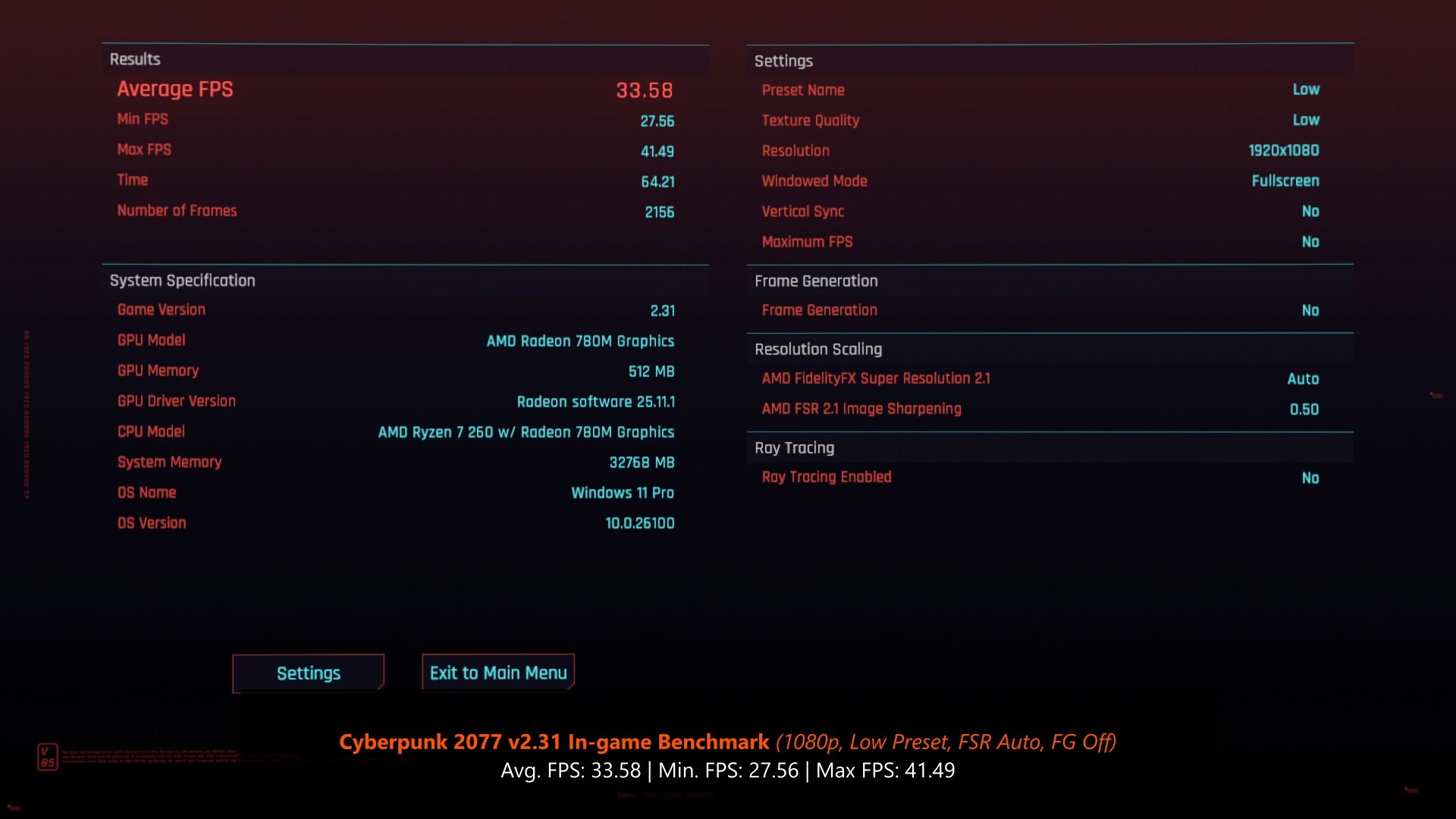 ASUS ExpertCenter PN54-S1 Cyberpunk 2077 1080p Low Preset FSR Auto