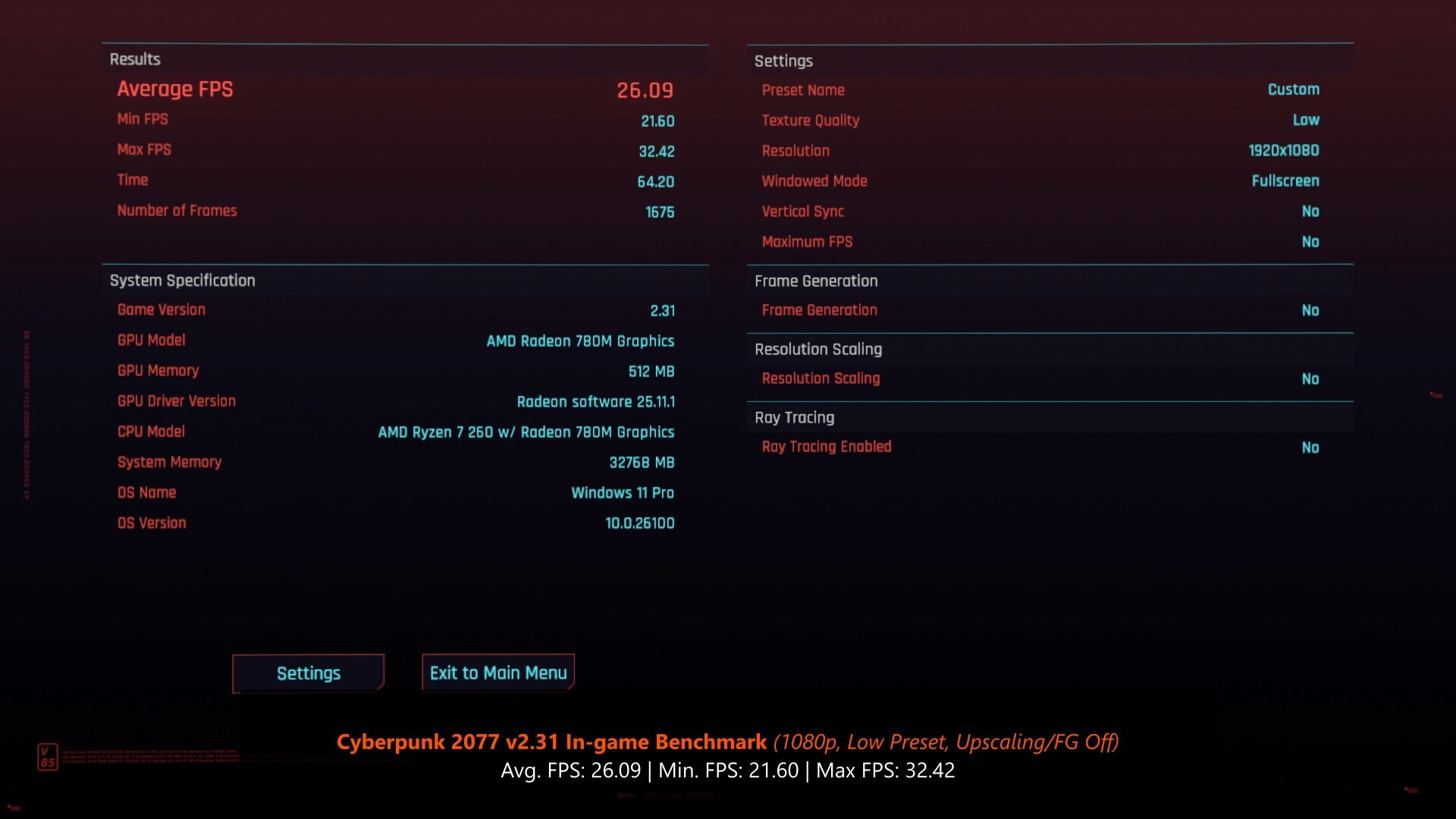 ASUS ExpertCenter PN54-S1 Cyberpunk 2077 1080p Low Preset FSR Off