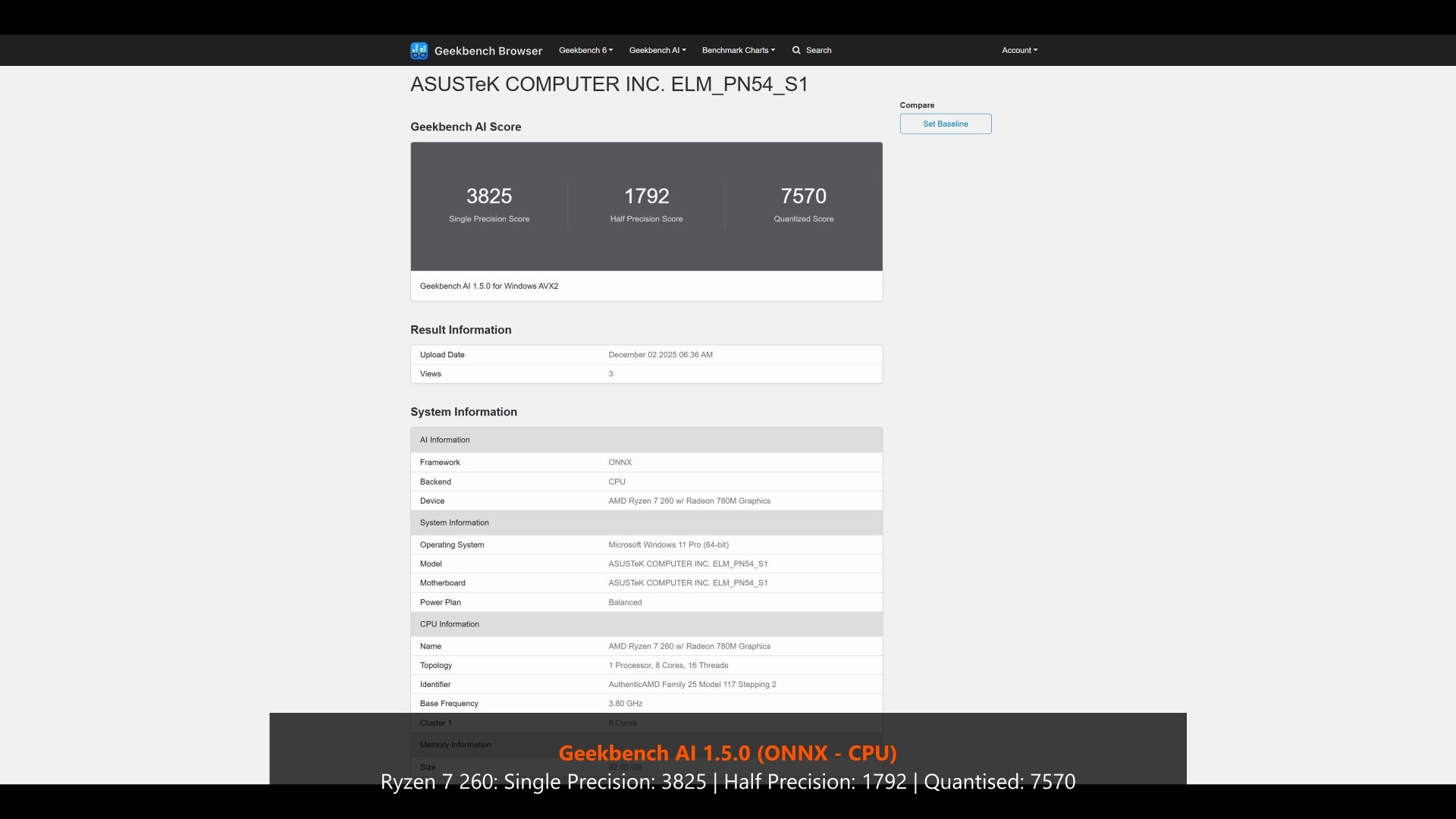 ASUS ExpertCenter PN54-S1 GeekBench AI 1.5.0 (CPU)