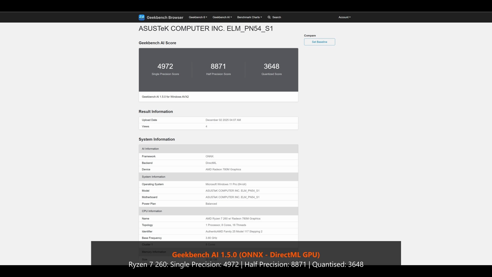 ASUS ExpertCenter PN54-S1 GeekBench AI 1.5.0 (GPU)