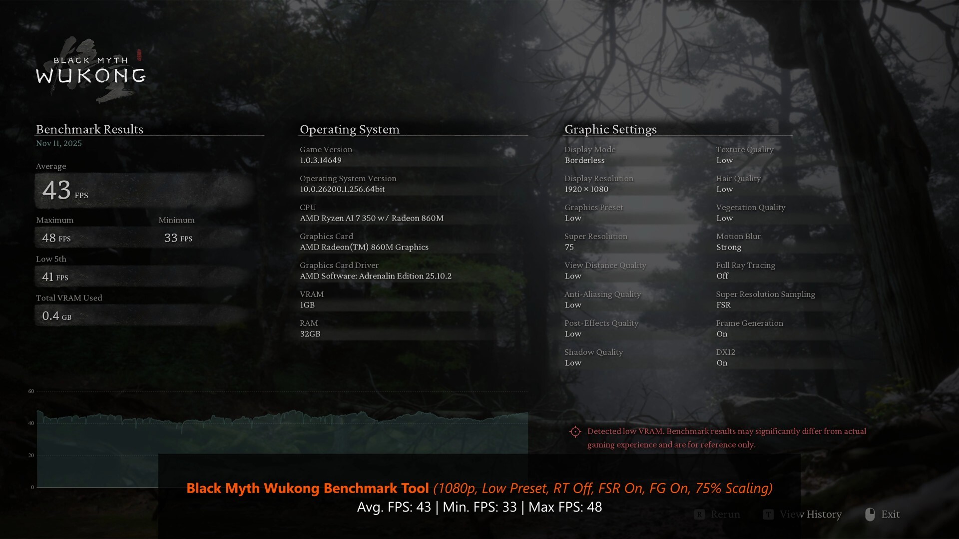ASUS ExpertCenter PN54 Black Myth Wukong Benchmark 1080p Low FSR On FG On
