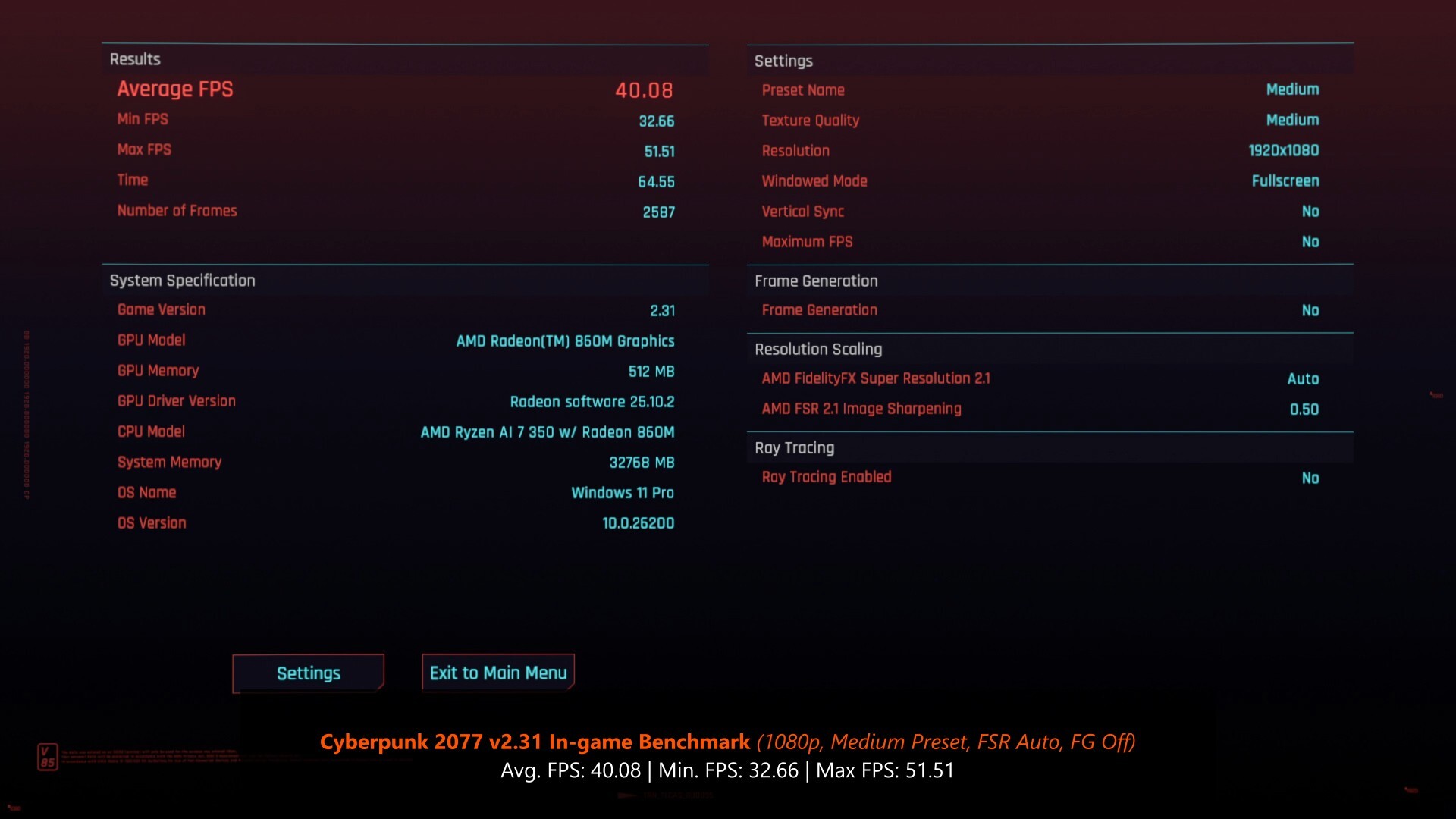 ASUS ExpertCenter PN54 Cyberpunk 2077 Benchmark 1080p Medium FSR Auto FG Off