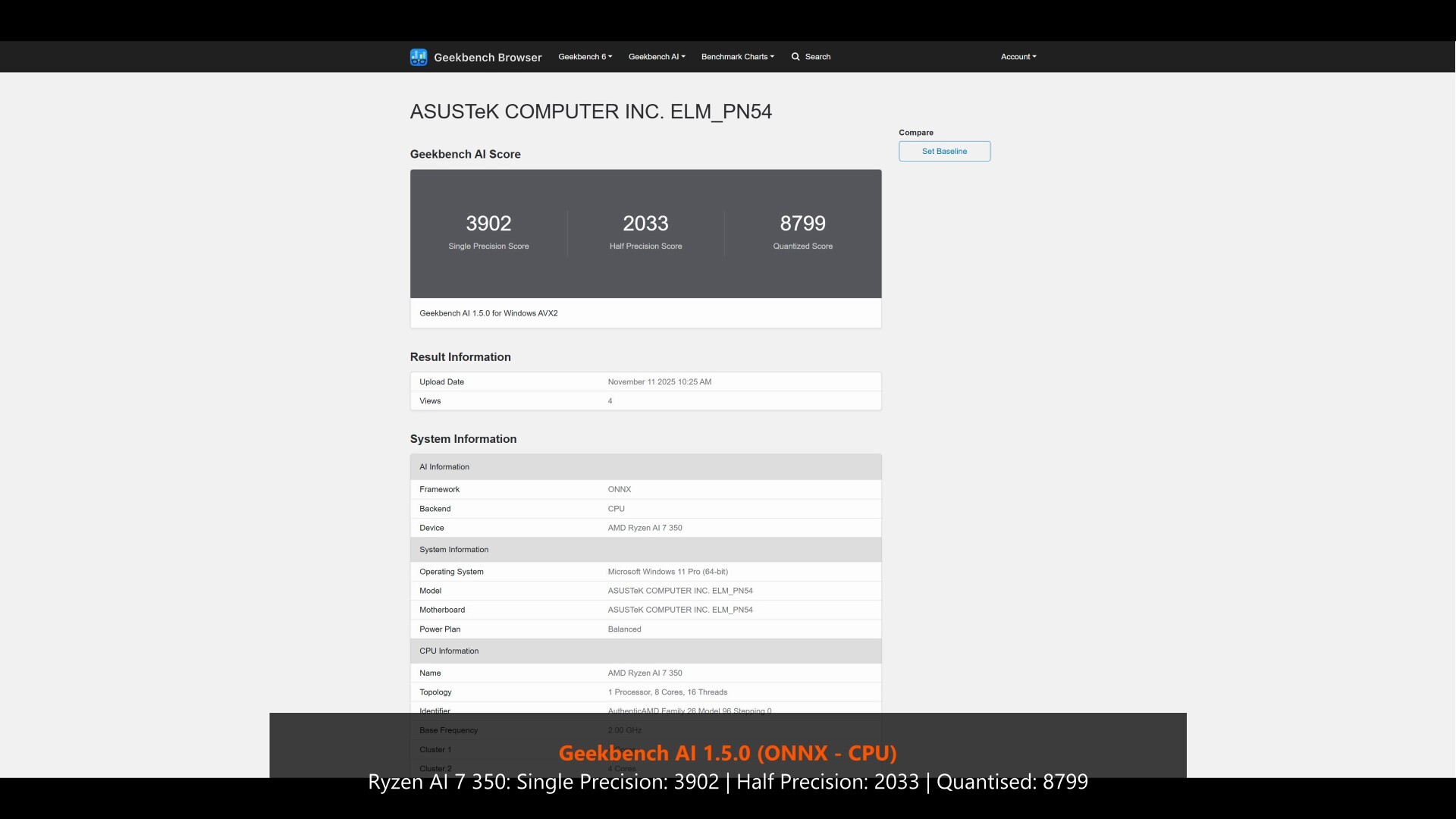 ASUS ExpertCenter PN54 Geekbench AI 1.5.0 CPU
