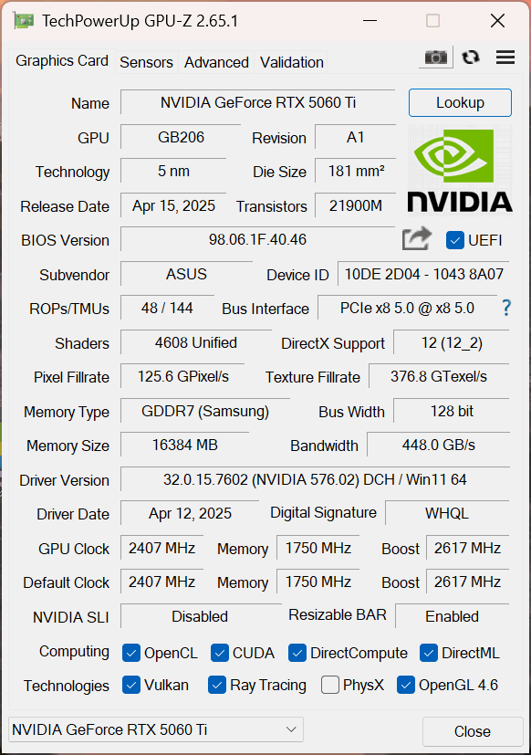 ASUS PRIME GeForce RTX 5060 Ti 16GB GDDR7 OC Edition GPU-Z
