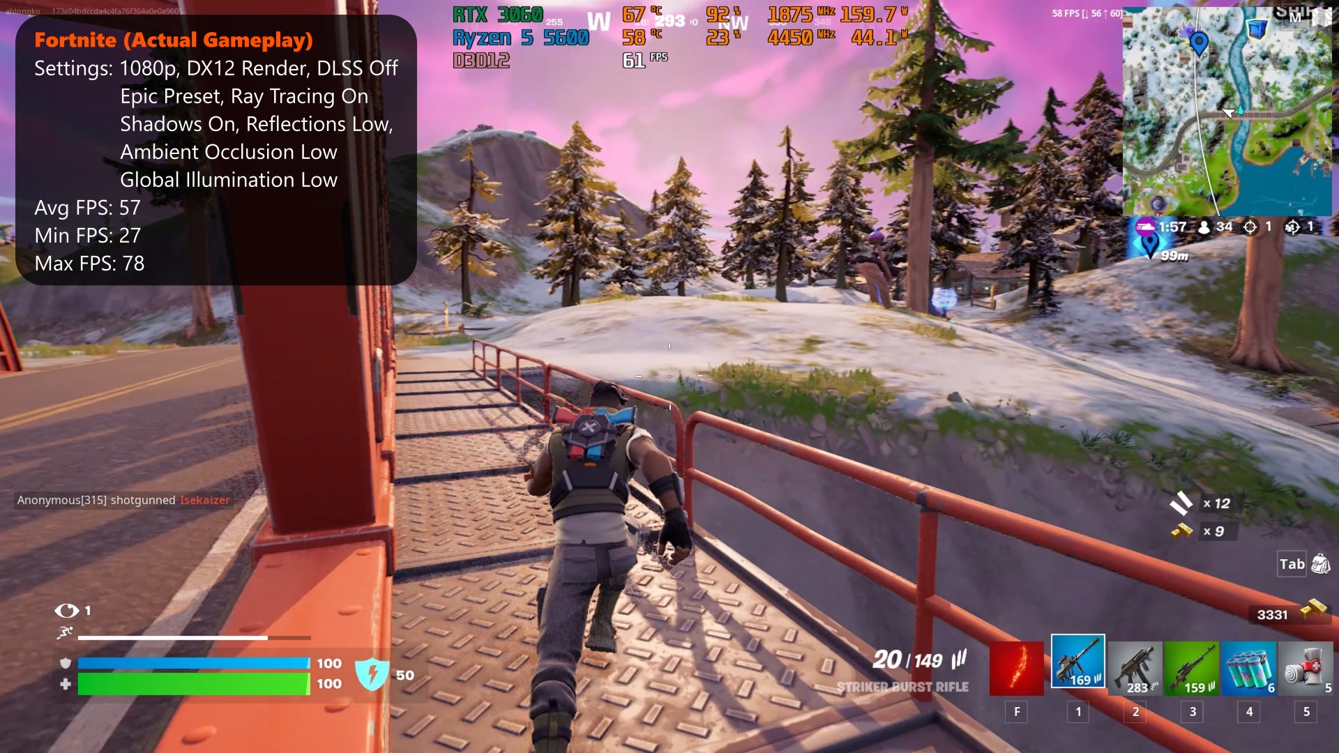 ASUS Phoenix RTX 3060 V2 12GB GDDR6 Fortnite Epic Preset RT Low DLSS Off Run 5