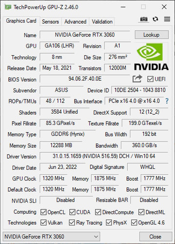 ASUS Phoenix RTX 3060 V2 12GB GDDR6 GPU-Z