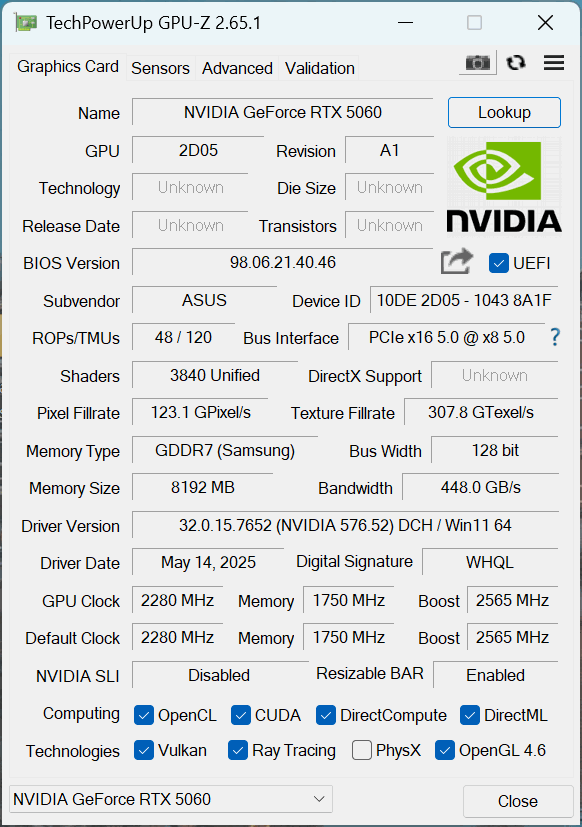 ASUS Prime GeForce RTX 5060 OC Edition 8GB GDDR7 GPU-Z