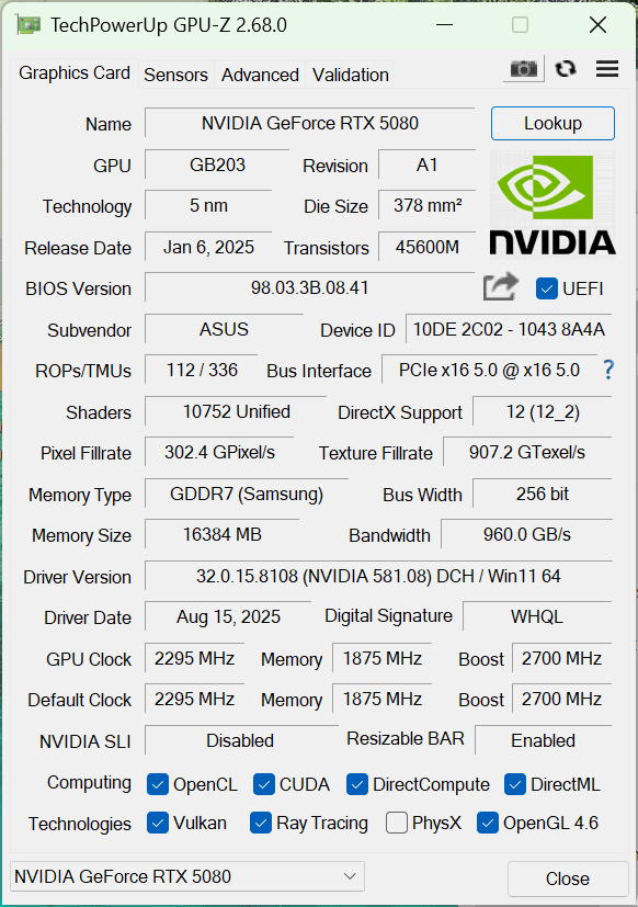 ASUS ProArt GeForce RTX 5080 16GB GDDR7 OC Edition GPU-Z