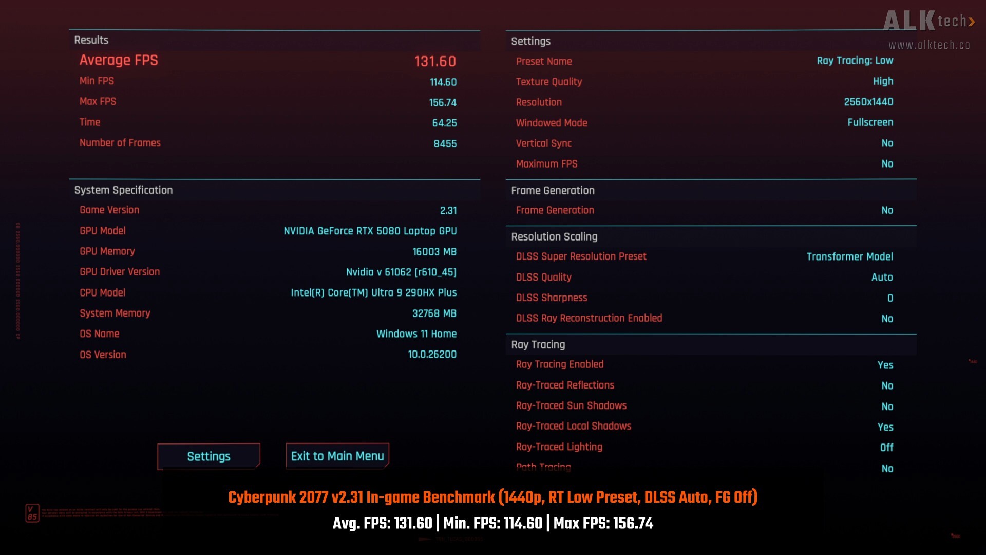 ASUS ROG NUC 16 Cyberpunk 2077 1440p RT Low DLSS Auto