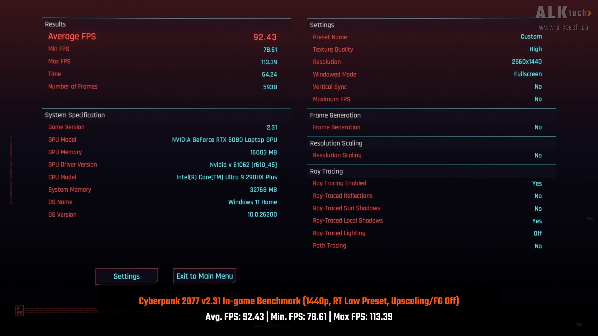 ASUS ROG NUC 16 Cyberpunk 2077 1440p RT Low DLSS Off