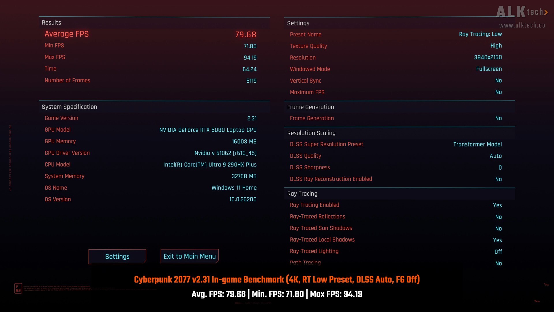 ASUS ROG NUC 16 Cyberpunk 2077 4K RT Low DLSS Auto