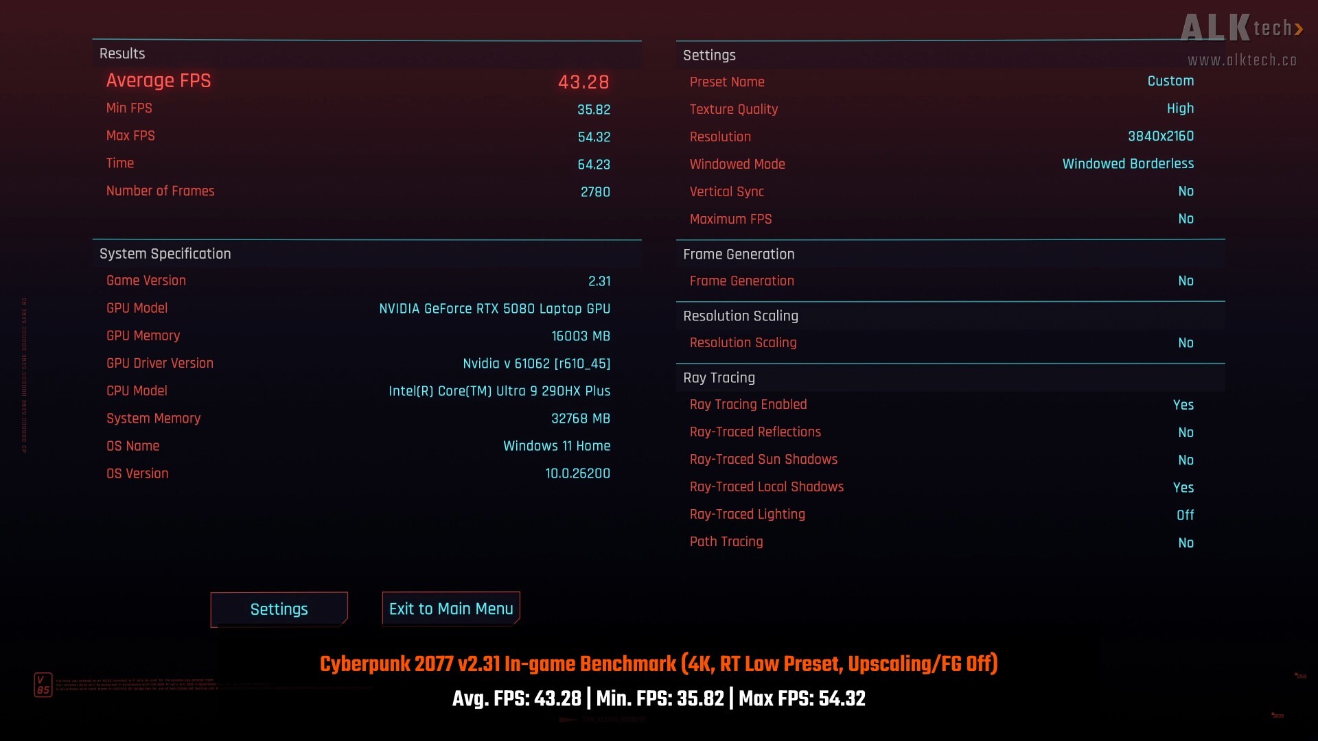 ASUS ROG NUC 16 Cyberpunk 2077 4K RT Low DLSS Off