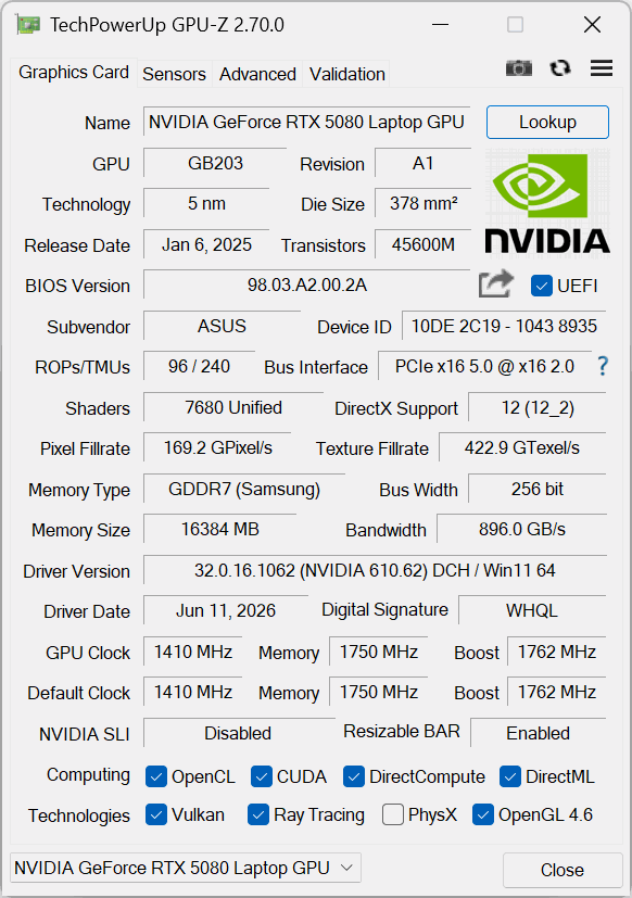 ASUS ROG NUC 16 GPU-Z Screenshot