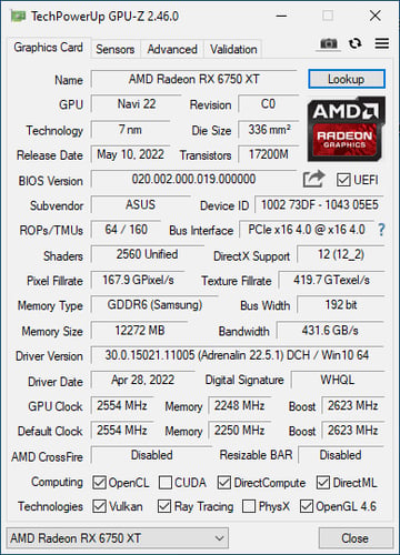 ASUS ROG Strix Radeon RX 6750 XT OC Edition 12GB GDDR6 GPU-Z