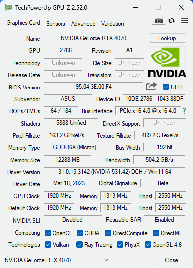 ASUS TUF Gaming GeForce RTX 4070 12GB GDDR6X OC Edition GPU-Z