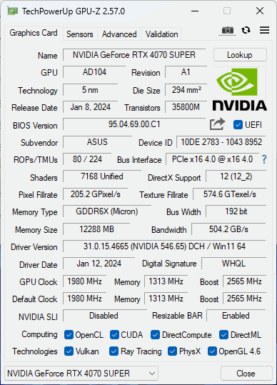 ASUS TUF Gaming GeForce RTX 4070 SUPER 12GB GDDR6X OC Edition GPU-Z Screenshot