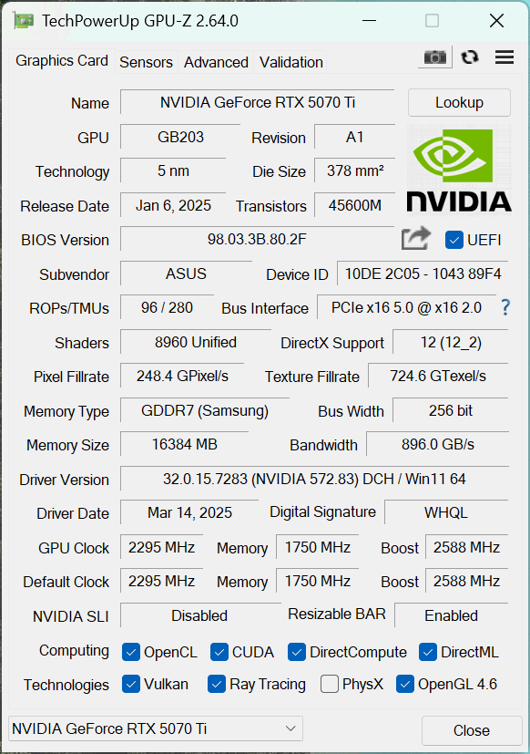ASUS TUF Gaming GeForce RTX 5070 Ti 16GB GDDR7 OC Edition GPU-Z Screenshot