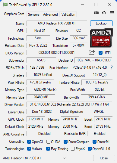 ASUS TUF Gaming Radeon RX 7900 XT OC Edition 20GB GDDR6 GPU-Z Screenshot
