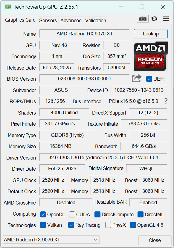 ASUS TUF Gaming Radeon RX 9070 XT OC Edition 16GB GDDR6 GPU-Z