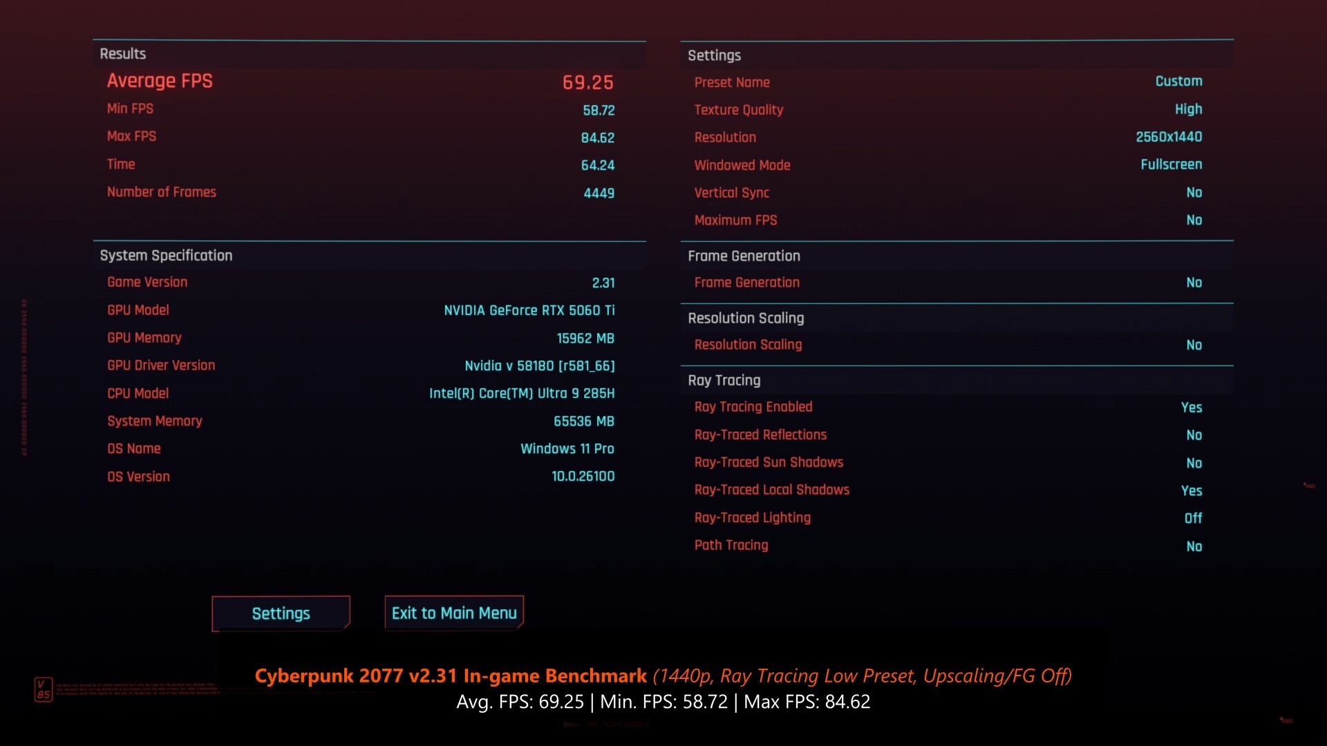 Beelink GTi15 Ultra Cyberpunk 2077 Benchmark 1440p RT Low (RTX 5060 Ti 16GB)