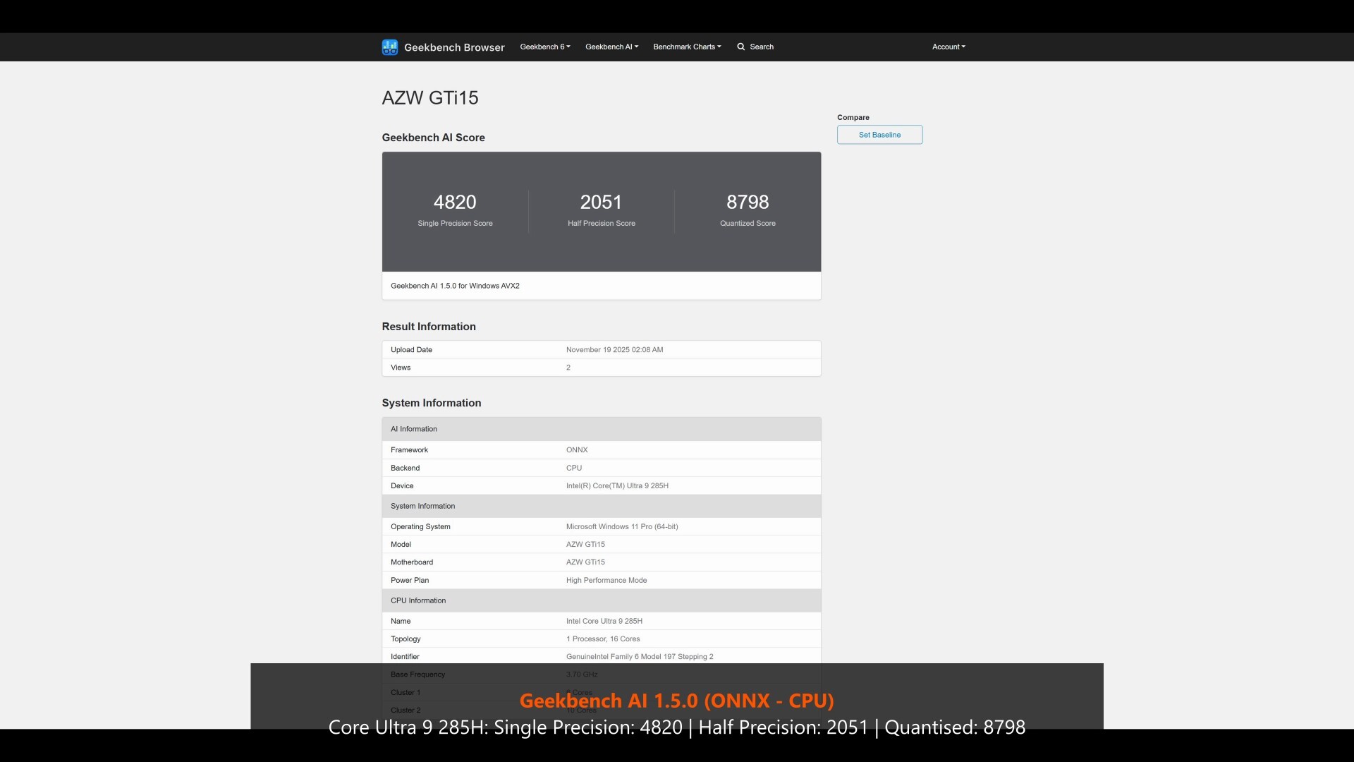 Beelink GTi15 Ultra Geekbench AI 1.5.0 ONNX CPU