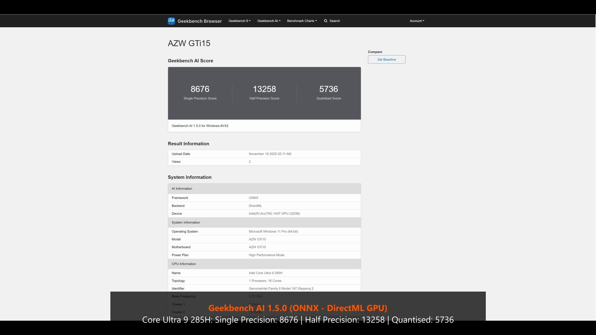 Beelink GTi15 Ultra Geekbench AI 1.5.0 ONNX GPU