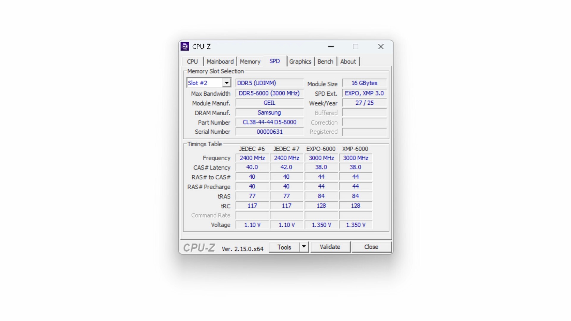 GeIL Orion V RGB AMD Edition DDR5 6000 CL38 CPU-Z Screenshot