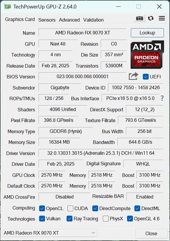 Gigabyte AORUS Radeon RX 9070 XT ELITE 16G GPU-Z