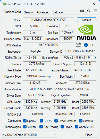 Gigabyte GeForce RTX 4060 EAGLE OC ICE 8G Gigabyte GeForce RTX 4060 EAGLE OC ICE 8G GPU-Z Screenshot