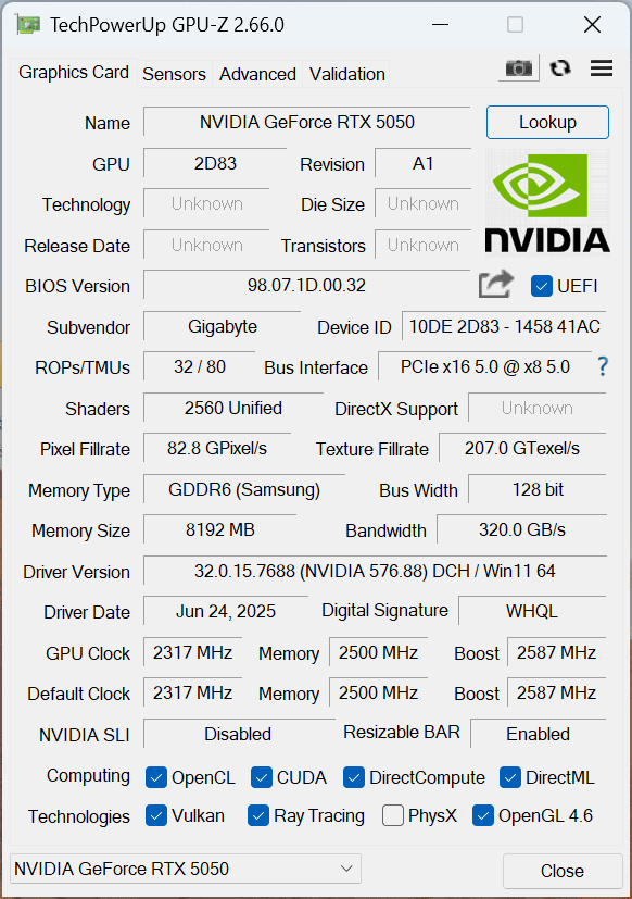 Gigabyte GeForce RTX 5050 OC Low Profile 8G GPU-Z