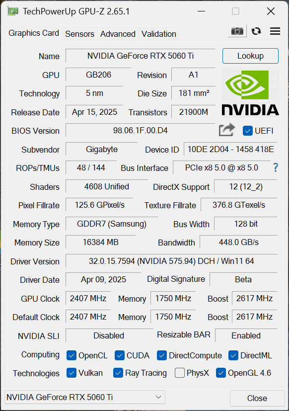 Gigabyte GeForce RTX 5060 Ti EAGLE OC ICE 16G GPU-Z