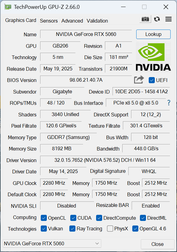 Gigabyte GeForce RTX 5060 WINDFORCE OC 8G GPU-Z
