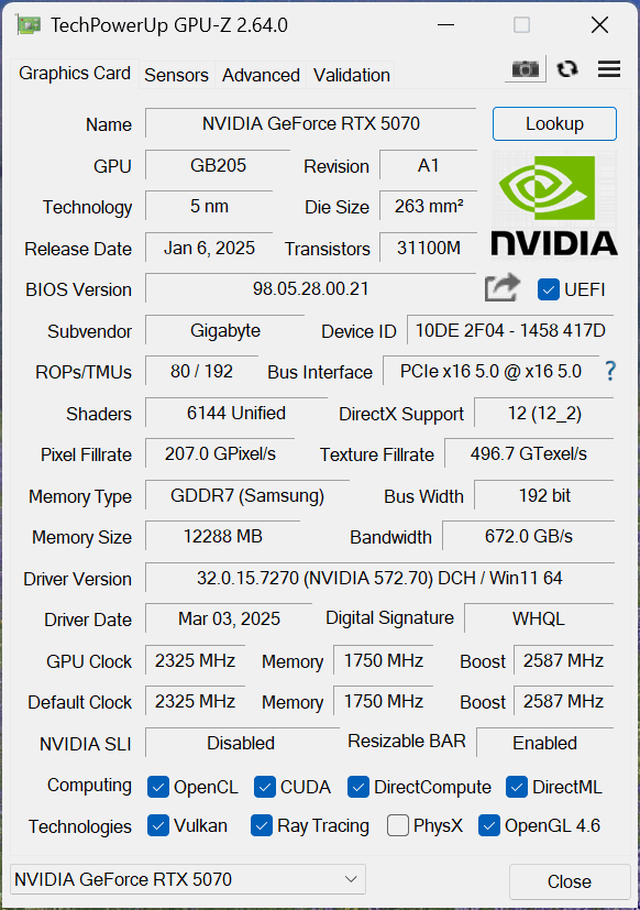 Gigabyte GeForce RTX 5070 EAGLE OC SFF 12G GPU-Z Screenshot
