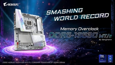 In The News: Gigabyte Z890 AORUS TACHYON ICE Dominates Global DDR5 Performance, Shattering World Record at DDR5-13530
