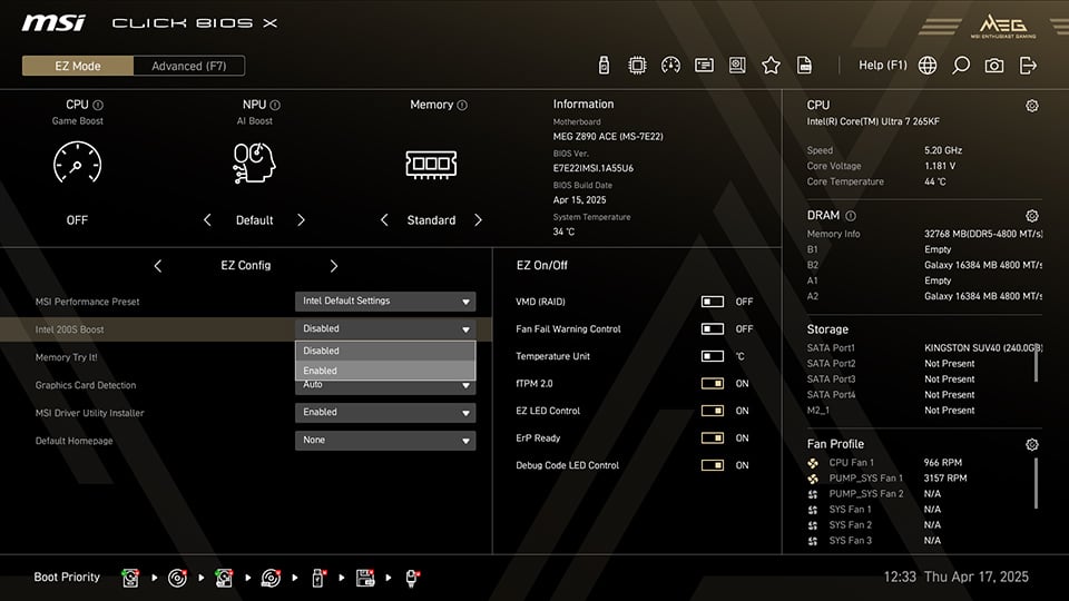 MSI Intel 200S Boost Click BIOS X Interface