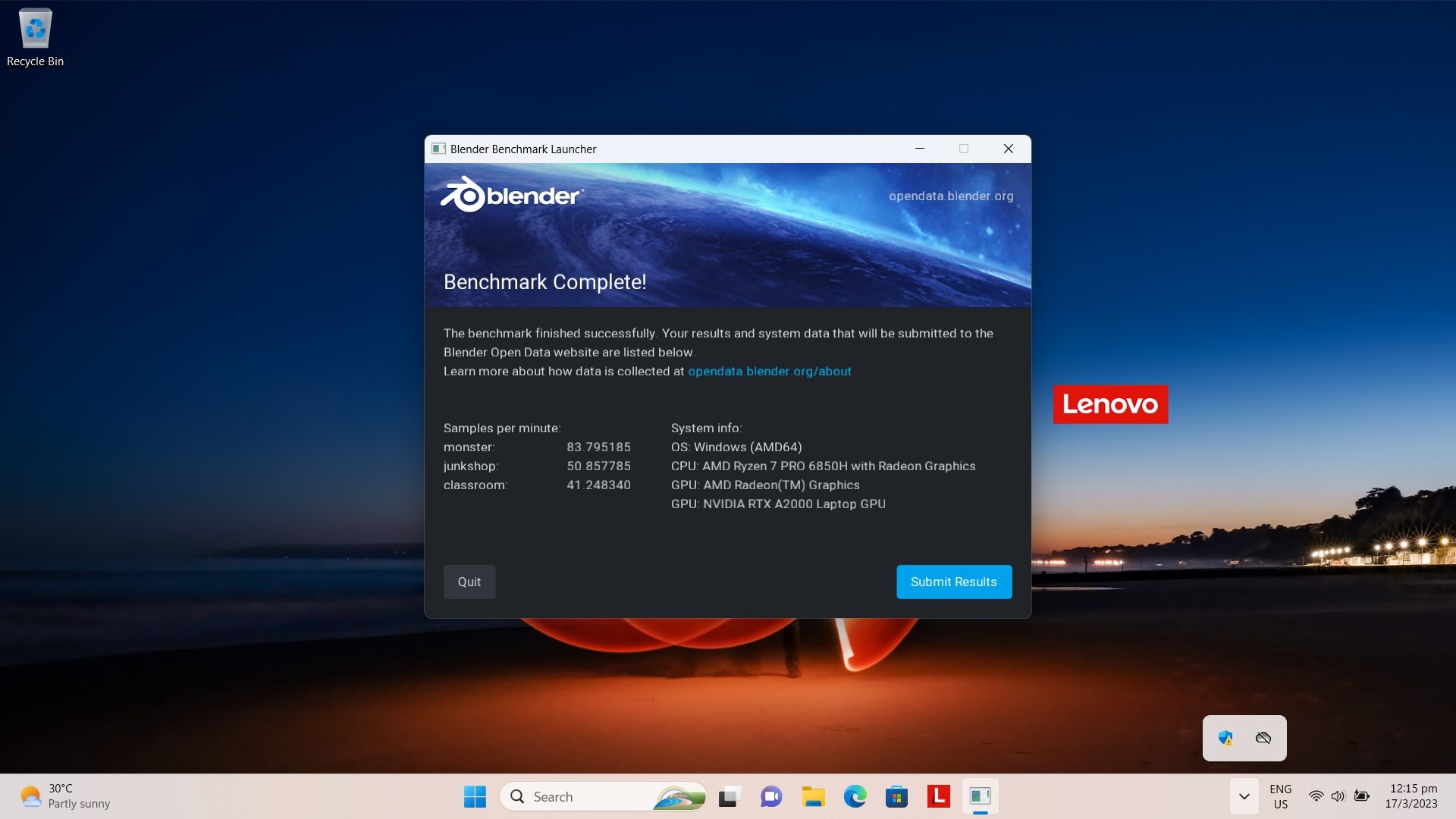 Lenovo ThinkPad P15v Gen 3 (AMD) Mobile Workstation Blender CPU Benchmark