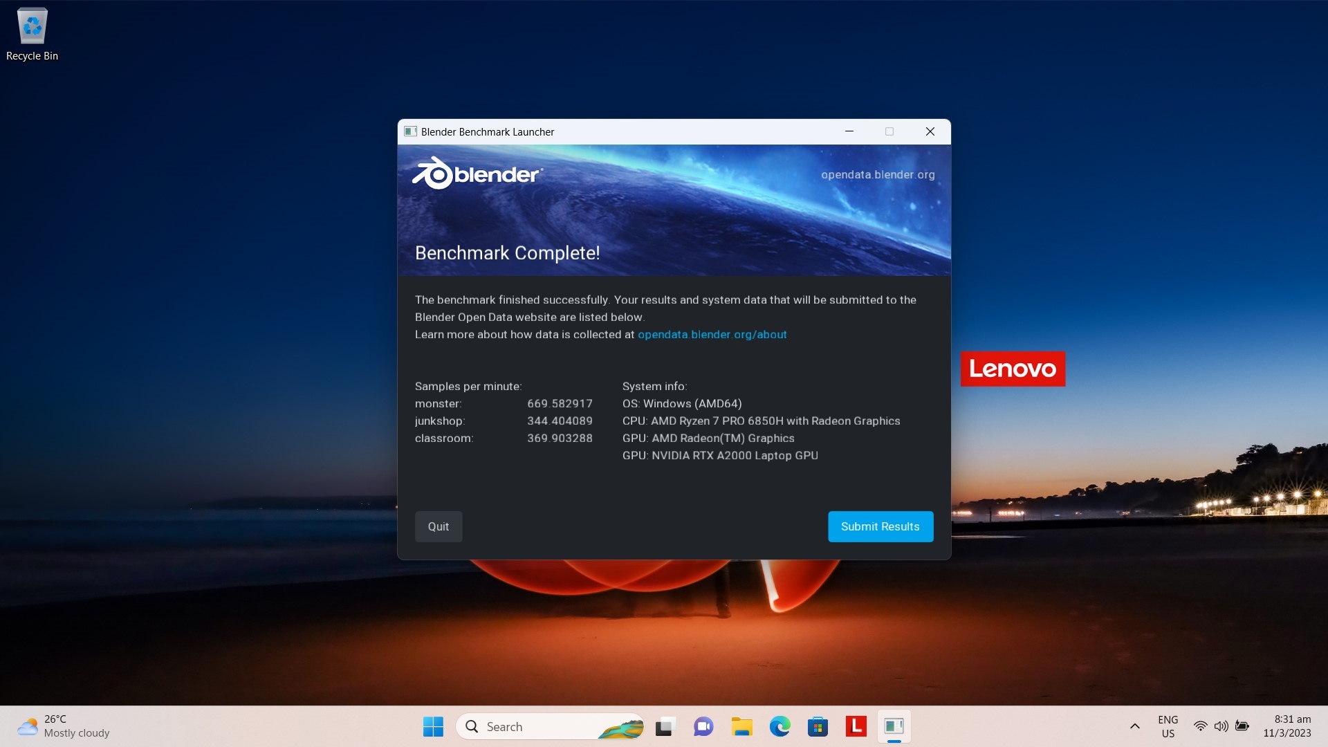 Lenovo ThinkPad P15v Gen 3 (AMD) Mobile Workstation Blender GPU Benchmark