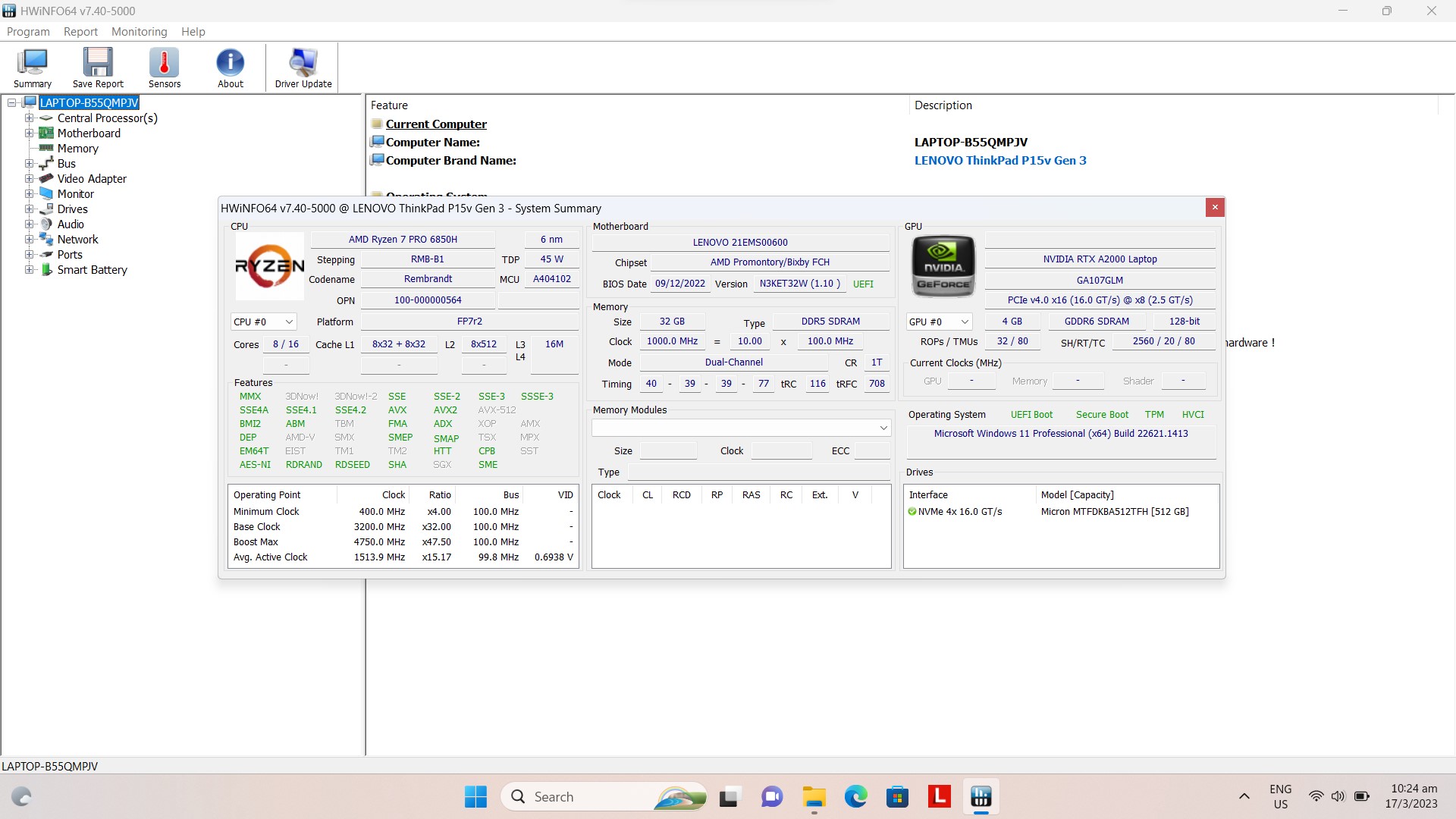 Lenovo ThinkPad P15v Gen 3 (AMD) Mobile Workstation HWiNFO64