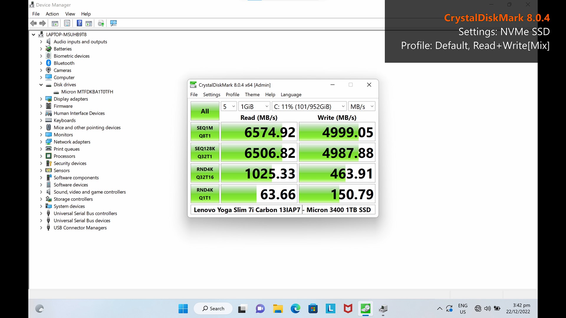 Lenovo Yoga Slim 7i Carbon 13IAP7 CrystalDiskMark Default Profile