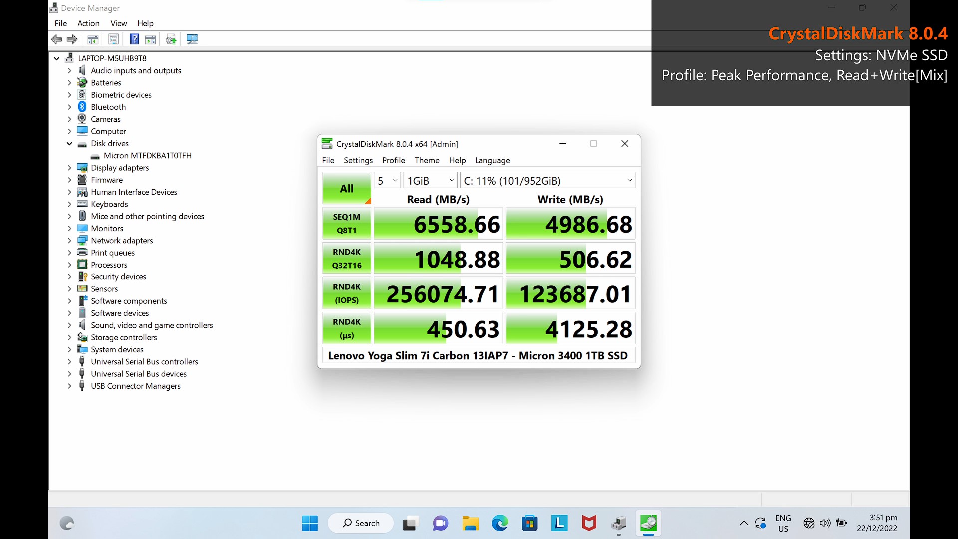 Lenovo Yoga Slim 7i Carbon 13IAP7 CrystalDiskMark Peak Performance Profile
