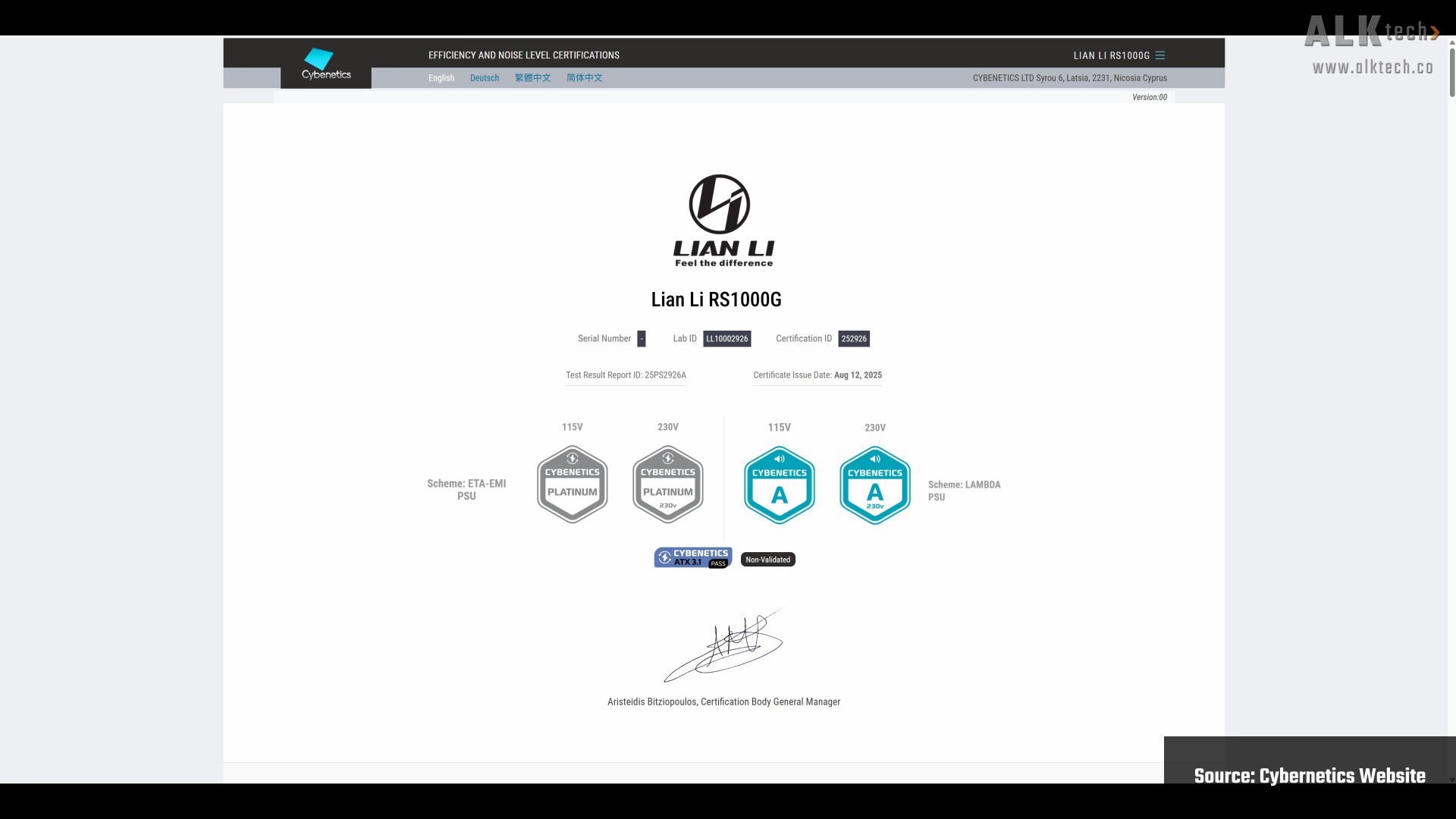 Lian Li RS1000G Cybernetics Certification