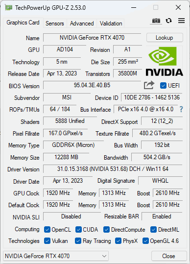 MSI GeForce RTX 4070 GAMING X TRIO 12G GPU-Z