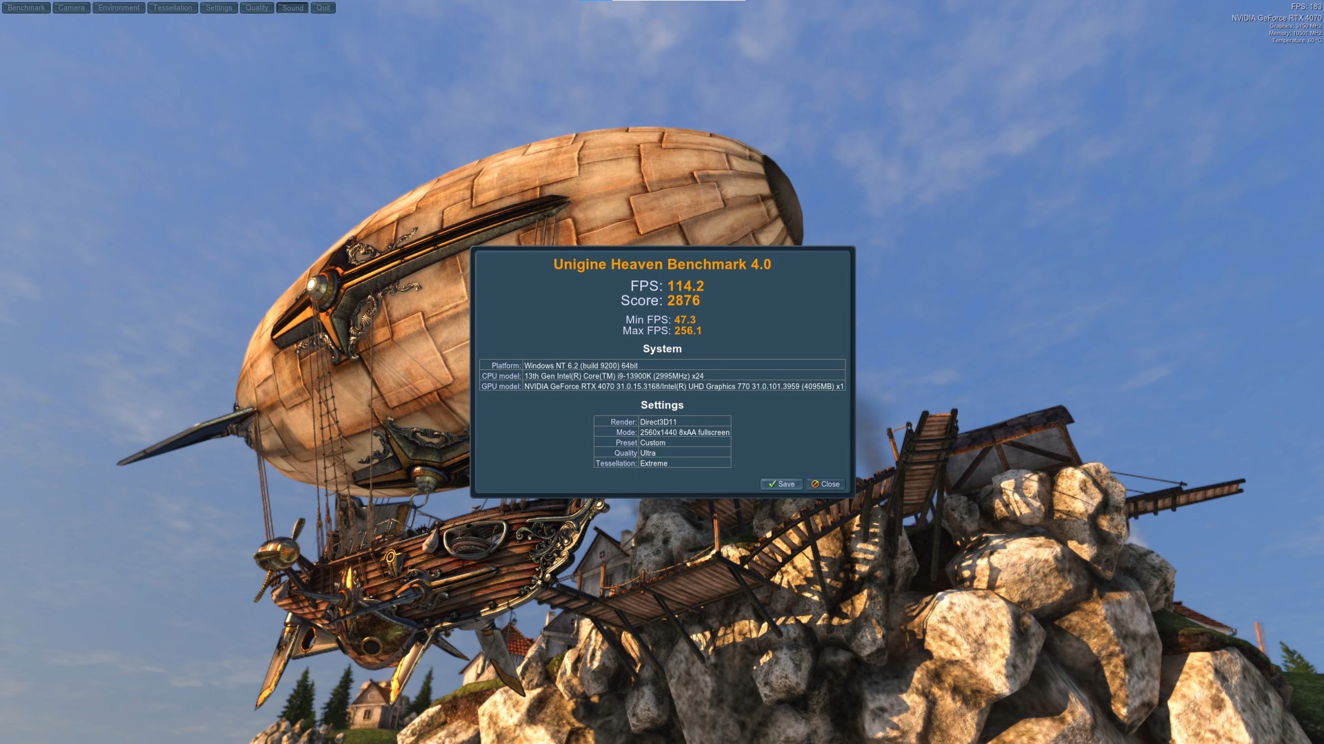 MSI GeForce RTX 4070 GAMING X TRIO 12G Heaven Benchmark Results