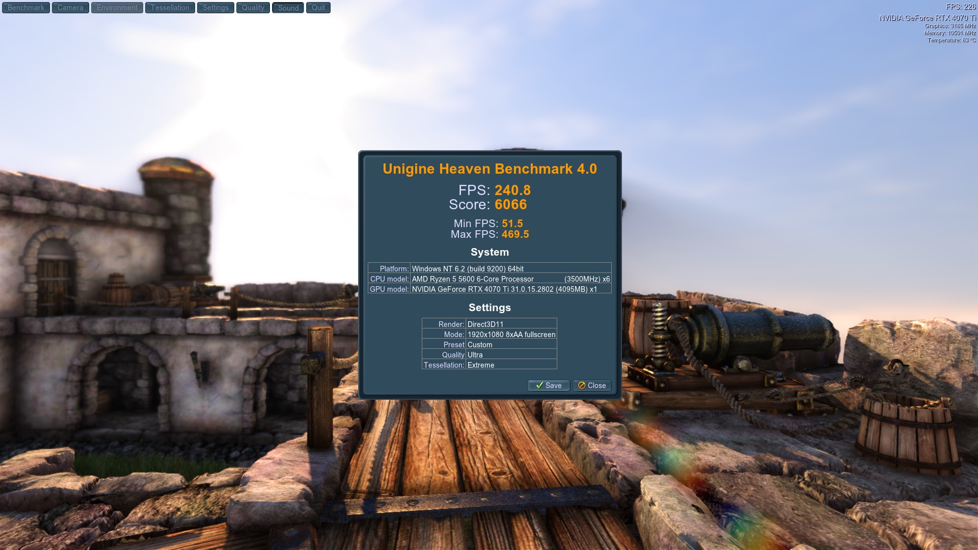 MSI GeForce RTX 4070 Ti SUPRIM X 12G FHD Heaven Benchmark Run 1