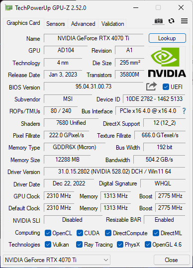 MSI GeForce RTX 4070 Ti SUPRIM X 12G GPU-Z