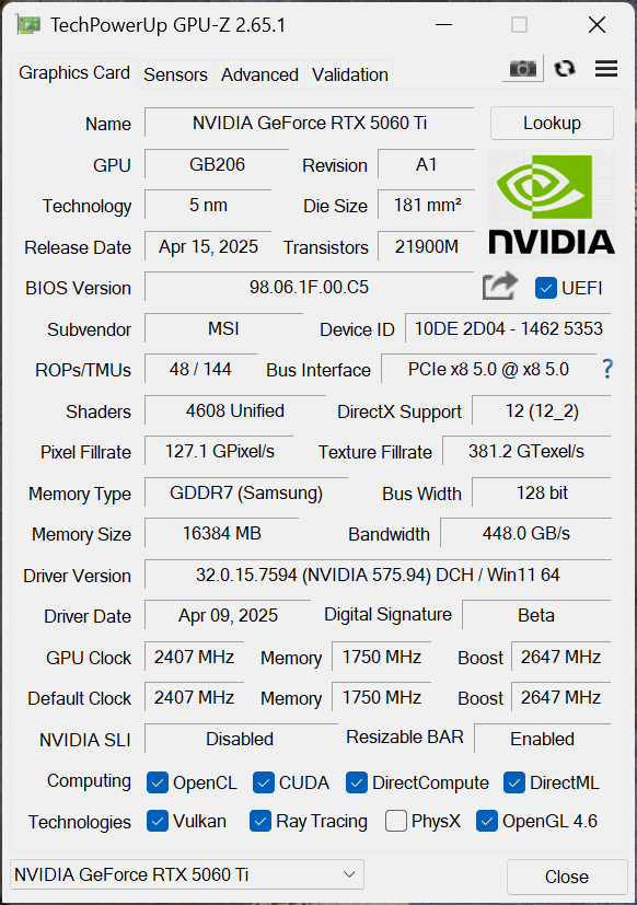 MSI GeForce RTX 5060 Ti 16G GAMING TRIO OC GPU-Z
